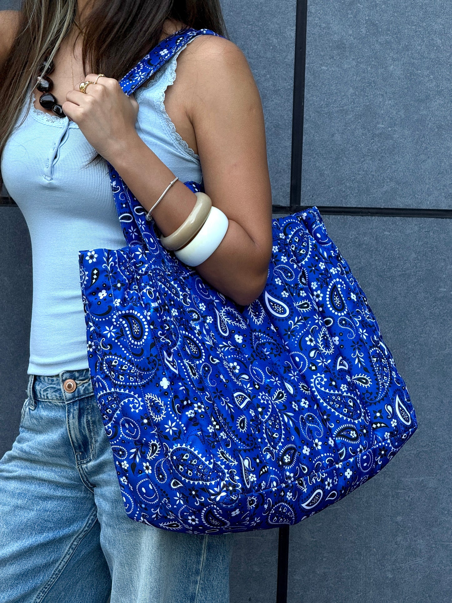 Smiley Bandana Tote Bag in Blue